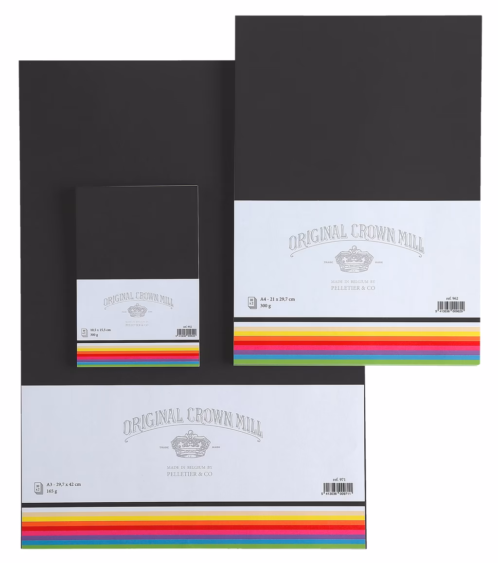 Original Crown Mill Papierprodukte in verschiedenen Größen mit farbigen Streifen und Produktinformationen.