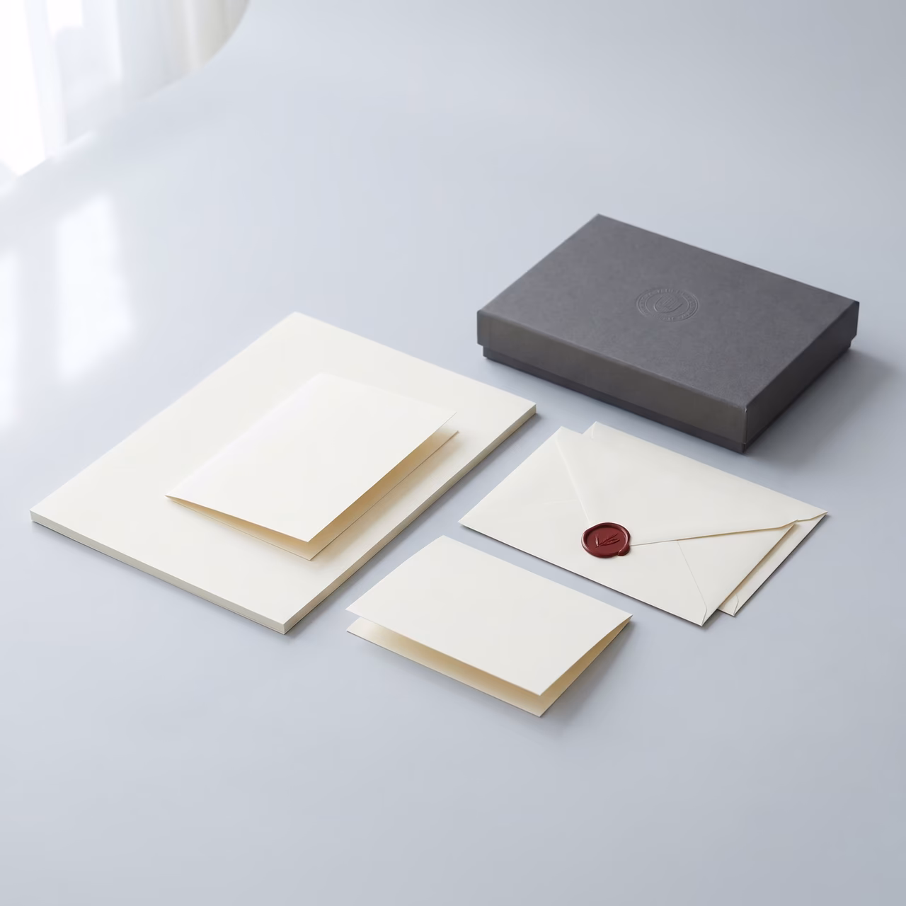 Elegantes Briefpapier-Set mit Umschlägen, Briefbögen und grauer Box mit Wachssiegel.